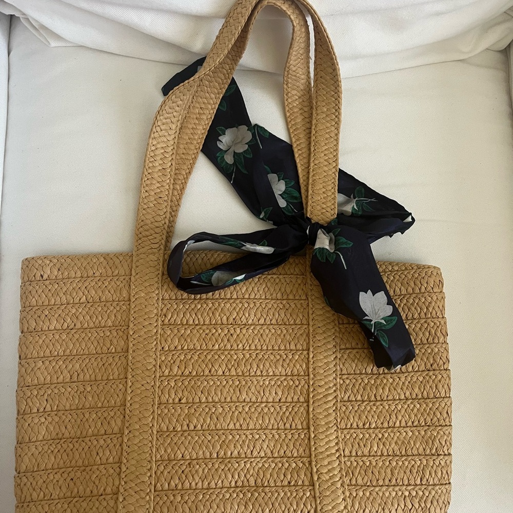 Draper James Woven Straw Tote Bag with Floral Scarf Tie - Natural
